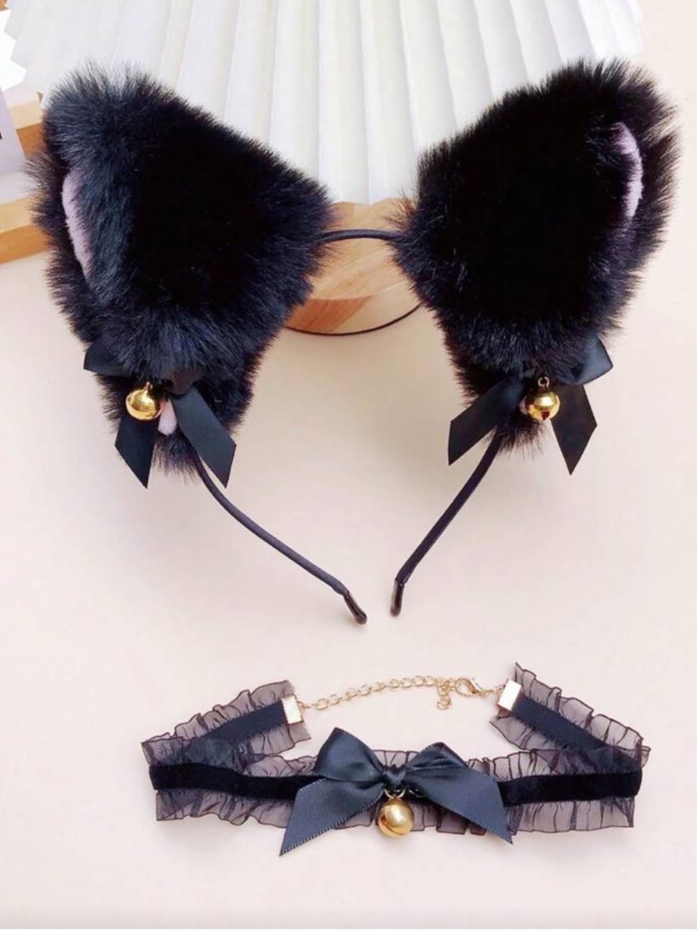 Black Furry Cat Ear Headband & Choker Set with Gold Bells